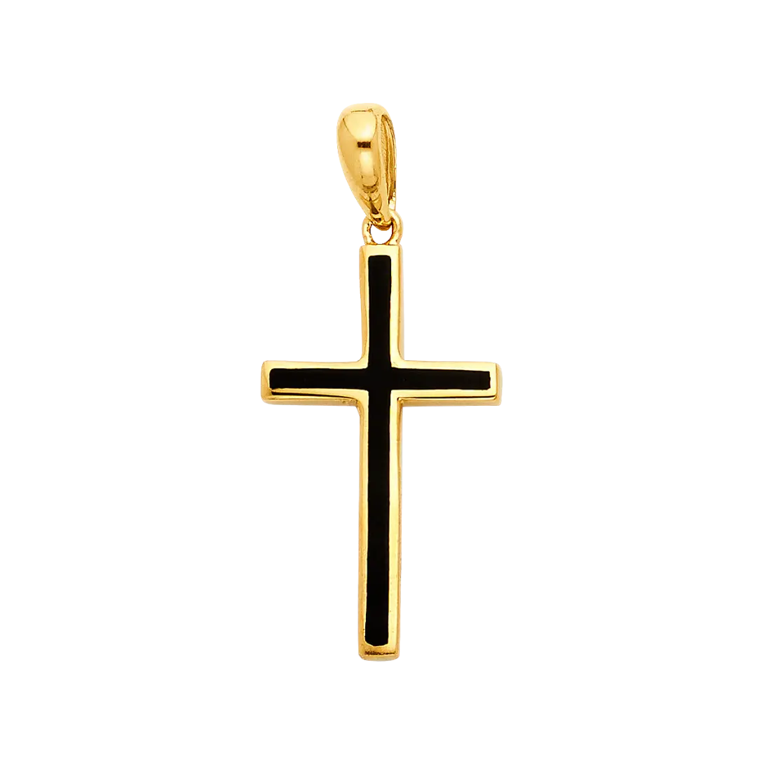 Cross with Black Enamel Pendant - 14k Yellow Gold