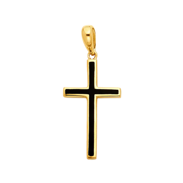 Cross with Black Enamel Pendant - 14k Yellow Gold