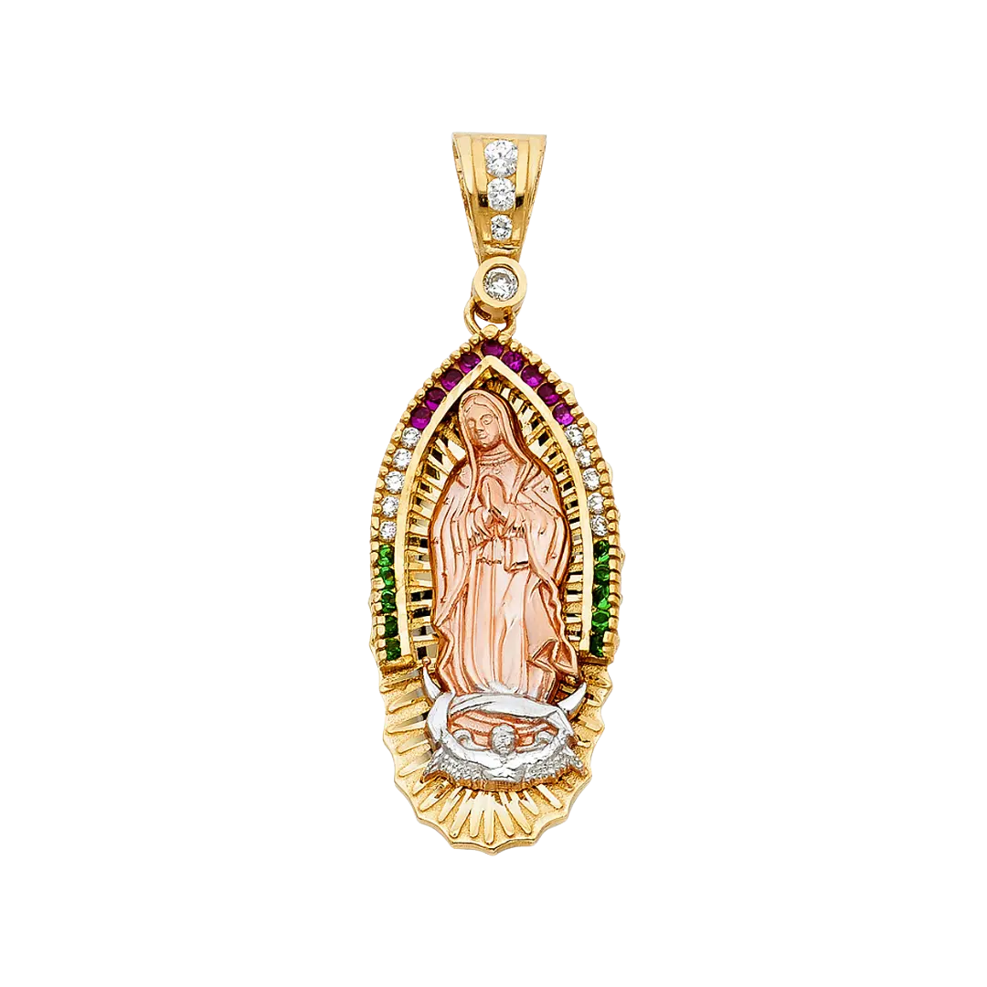 Guadalupe with Mexican Color CZ Pendant - 14k Tri Color Gold