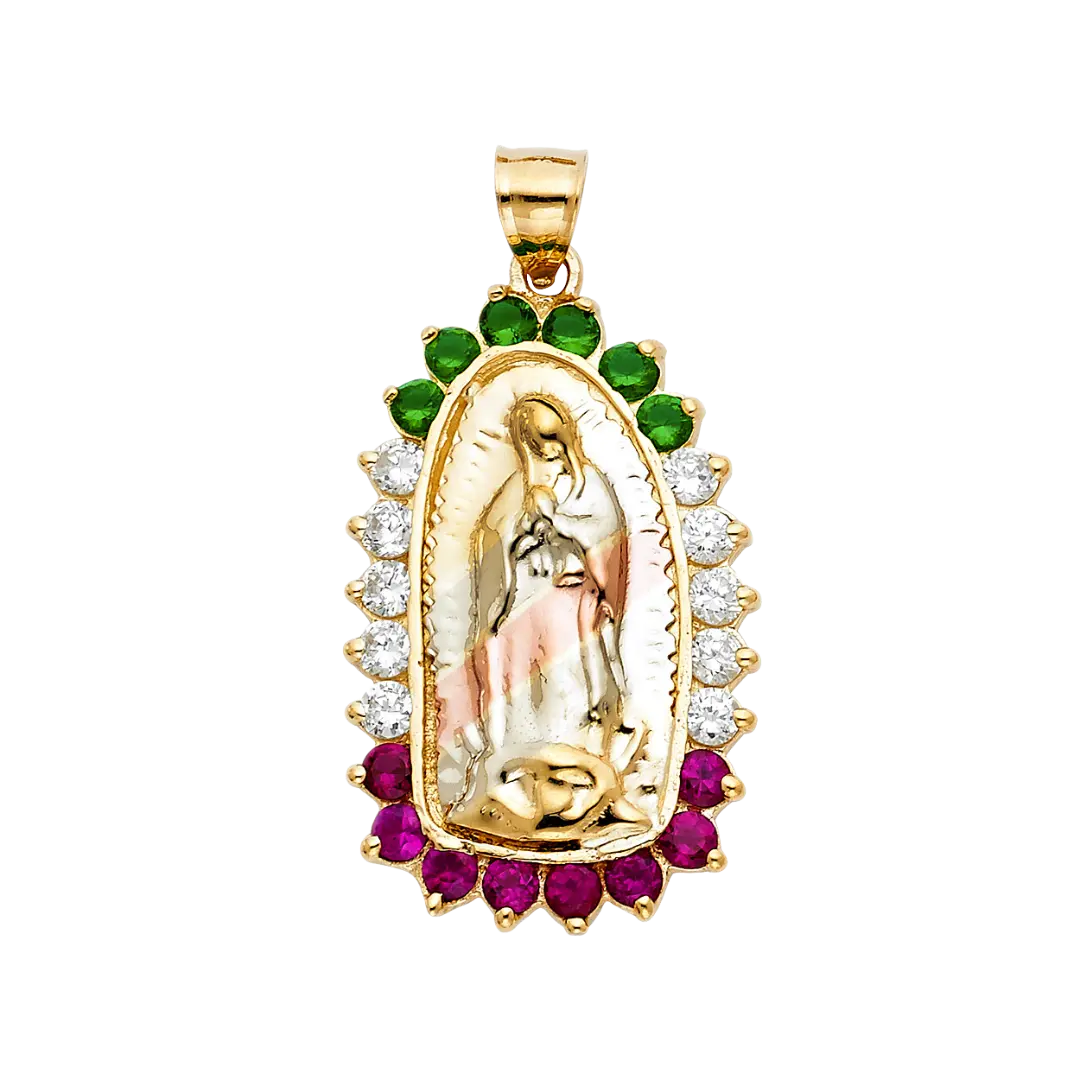 Guadalupe with Mexican Color CZ Pendant - 14k Tri Color Gold