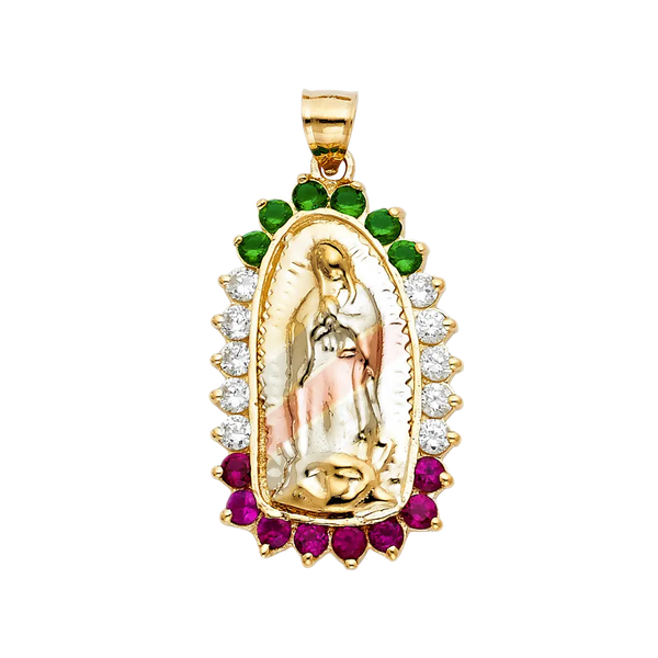 Guadalupe with Mexican Color CZ Pendant - 14k Tri Color Gold