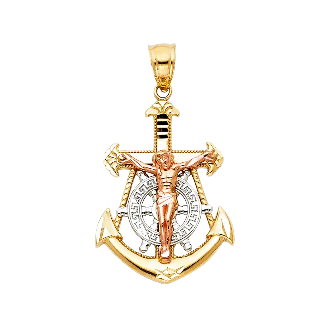 Mariner Cross Anchor Pendant - 14k Tri Color Gold