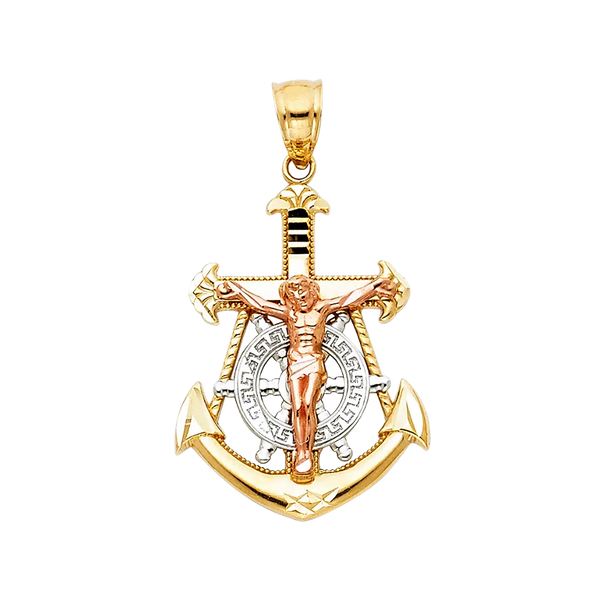 Mariner Cross Anchor Pendant - 14k Tri Color Gold