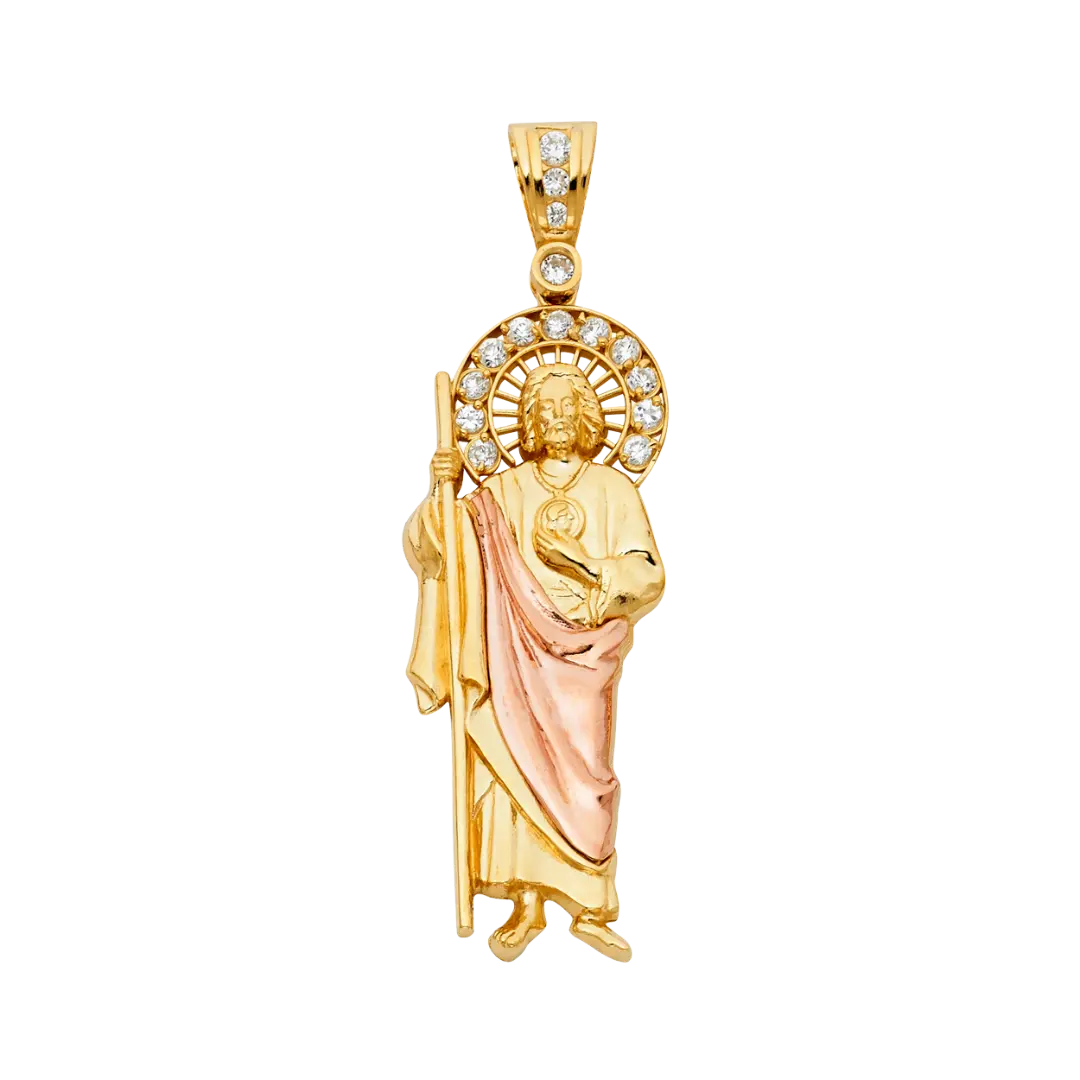 San Judas with CZ Pendant - 14k Tri Color Gold