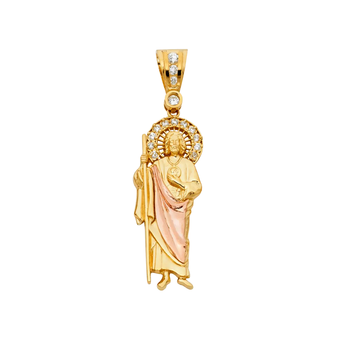 San Judas with CZ Pendant - 14k Tri Color Gold