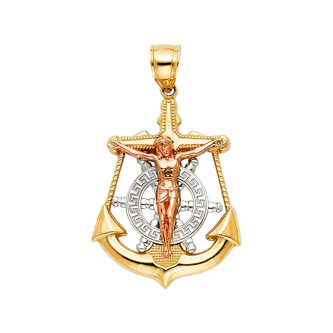 Mariner Cross Anchor Pendant - 14k Tri Color Gold