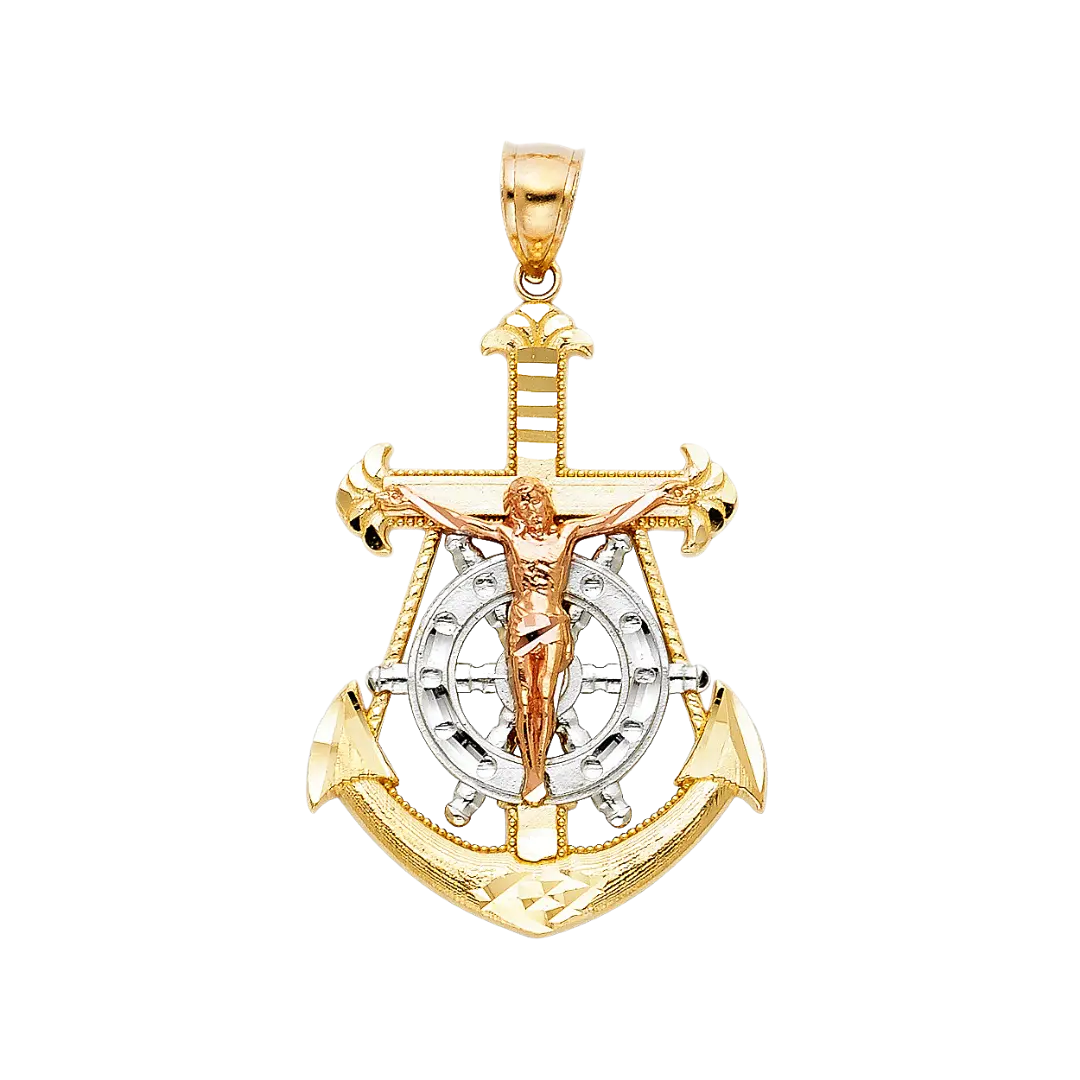 Mariner Cross Anchor Pendant - 14k Tri Color Gold