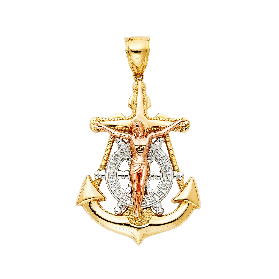 Mariner Cross Anchor Pendant - 14k Tri Color Gold