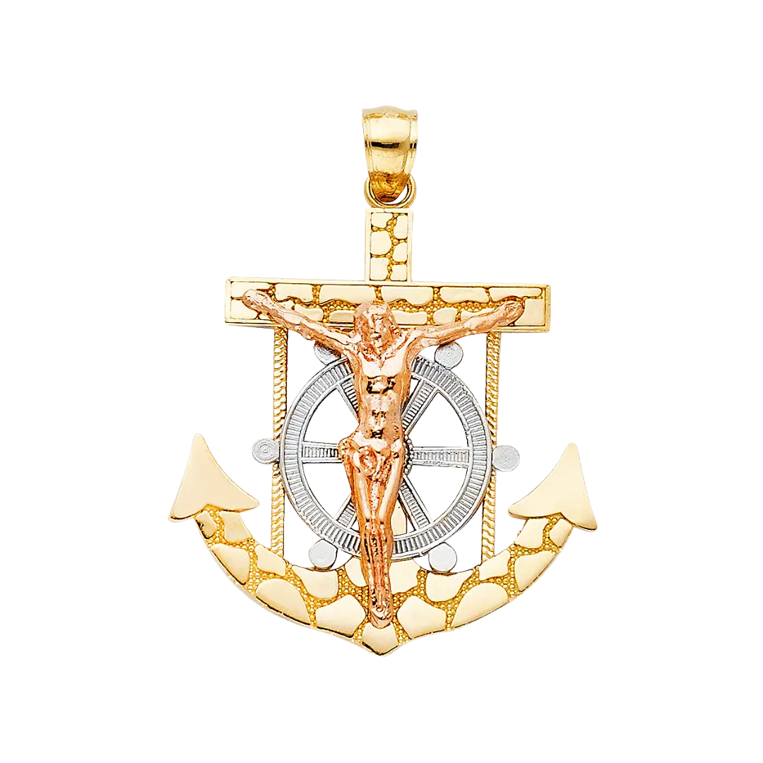 Mariner Cross Anchor Pendant - 14k Tri Color Gold