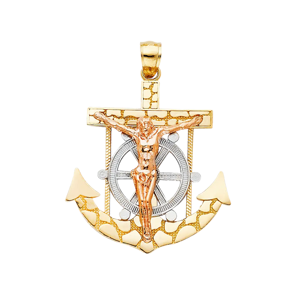 Mariner Cross Anchor Pendant - 14k Tri Color Gold