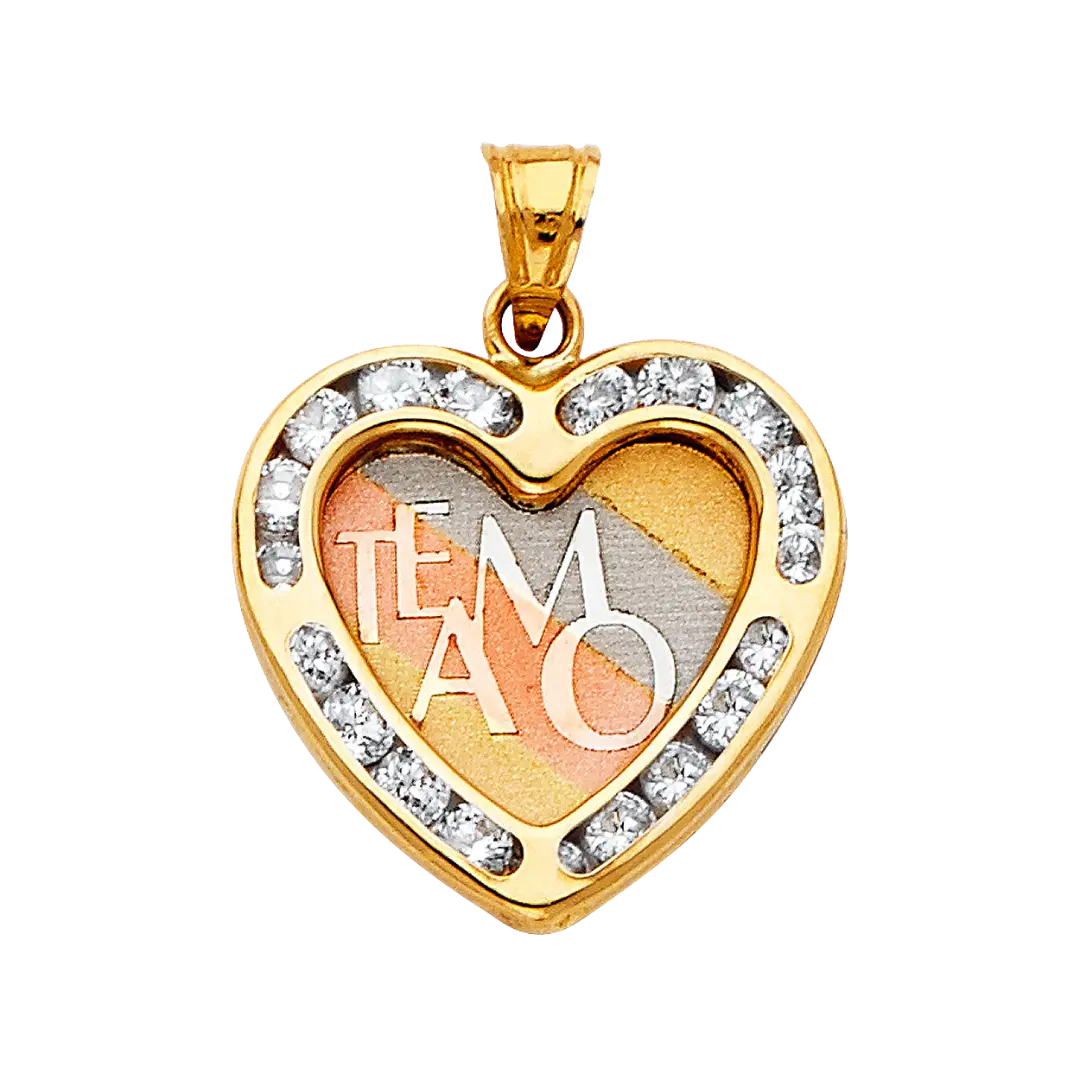 Heart Te Amo with CZ Pendant - 14k Tri Color Gold