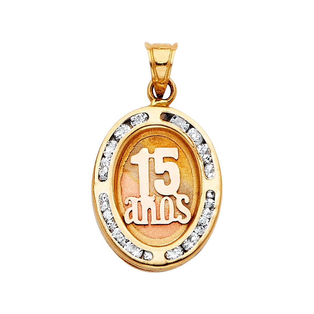 Oval Quince Anos with CZ Pendant - 14k Tri Color Gold