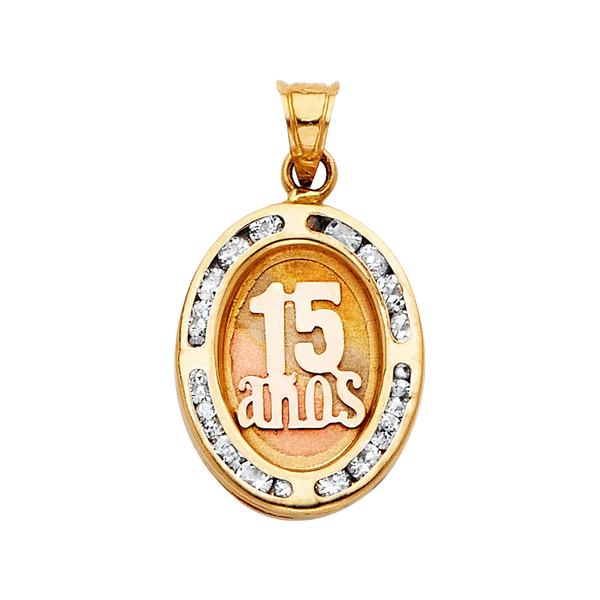 Oval Quince Anos with CZ Pendant - 14k Tri Color Gold