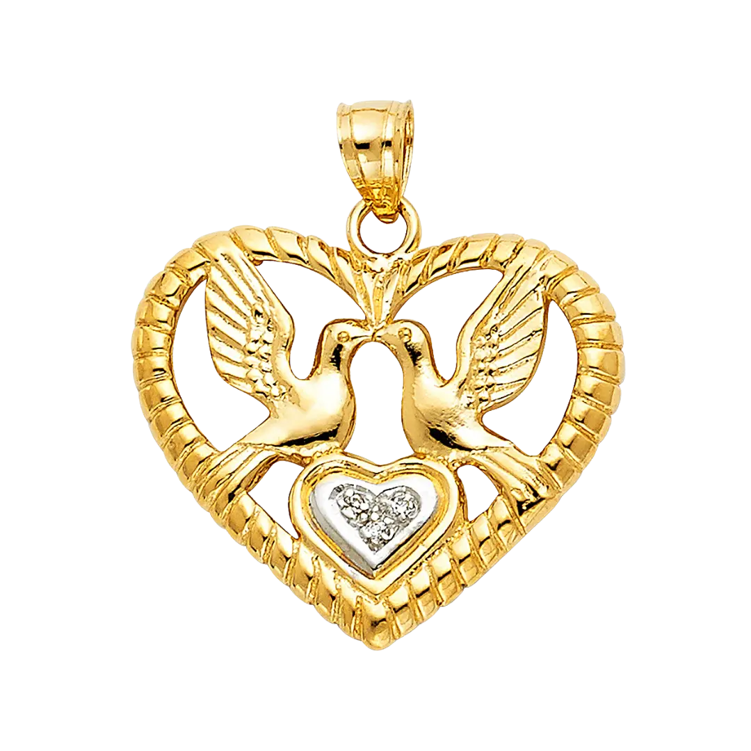 Heart with Bird Pendant - 14k Two Tone Gold