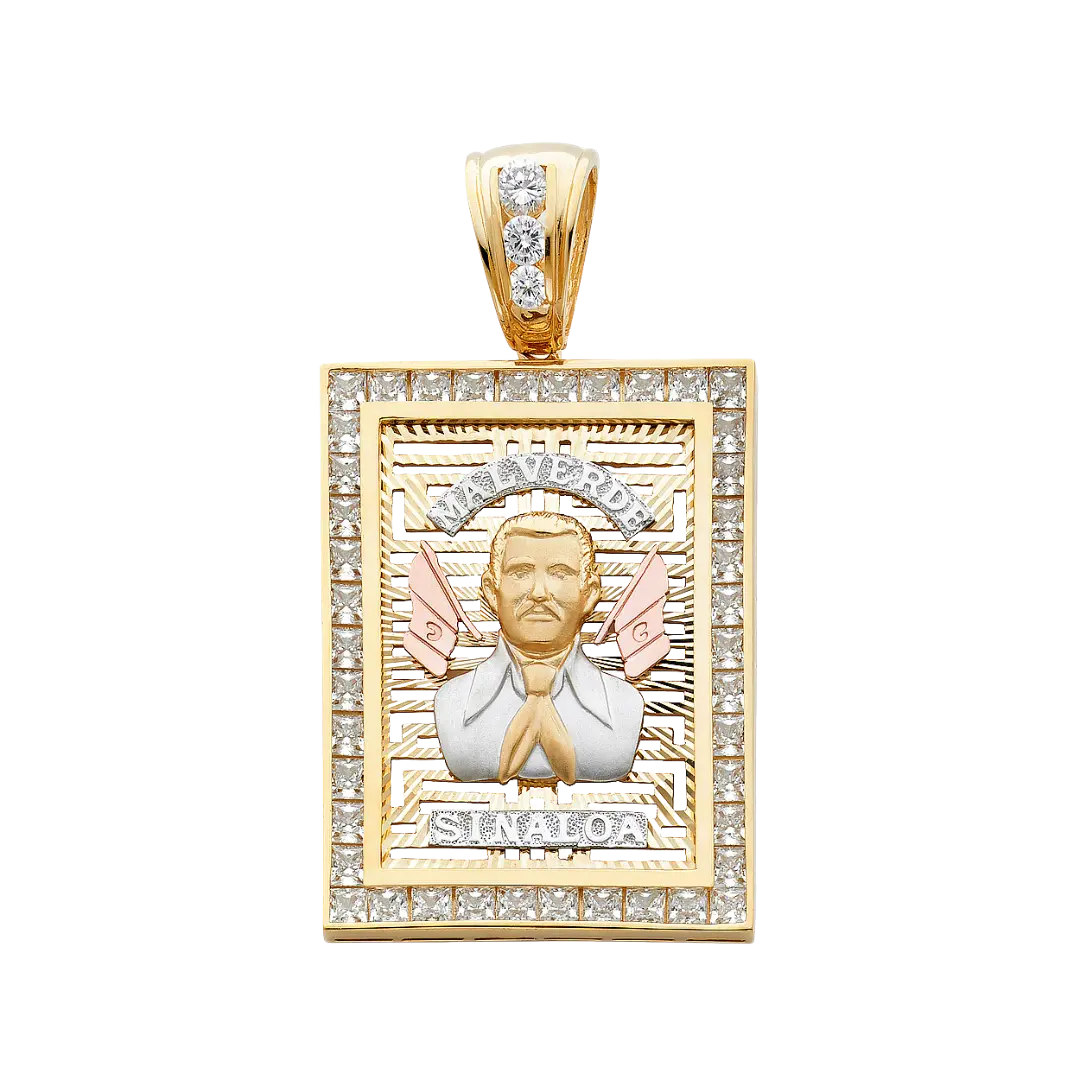 Malverde Sinaloa with CZ Pendant - 14k Tri Color Gold