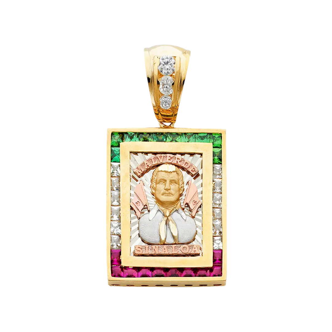 Malverde Sinaloa with CZ Pendant - 14k Tri Color Gold