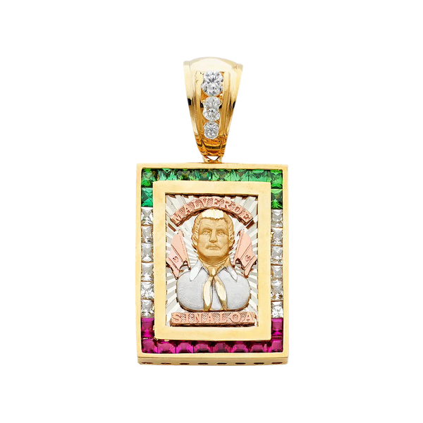 Malverde Sinaloa with CZ Pendant - 14k Tri Color Gold