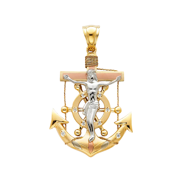 Mariner Cross Anchor Pendant - 14k Tri Color Gold