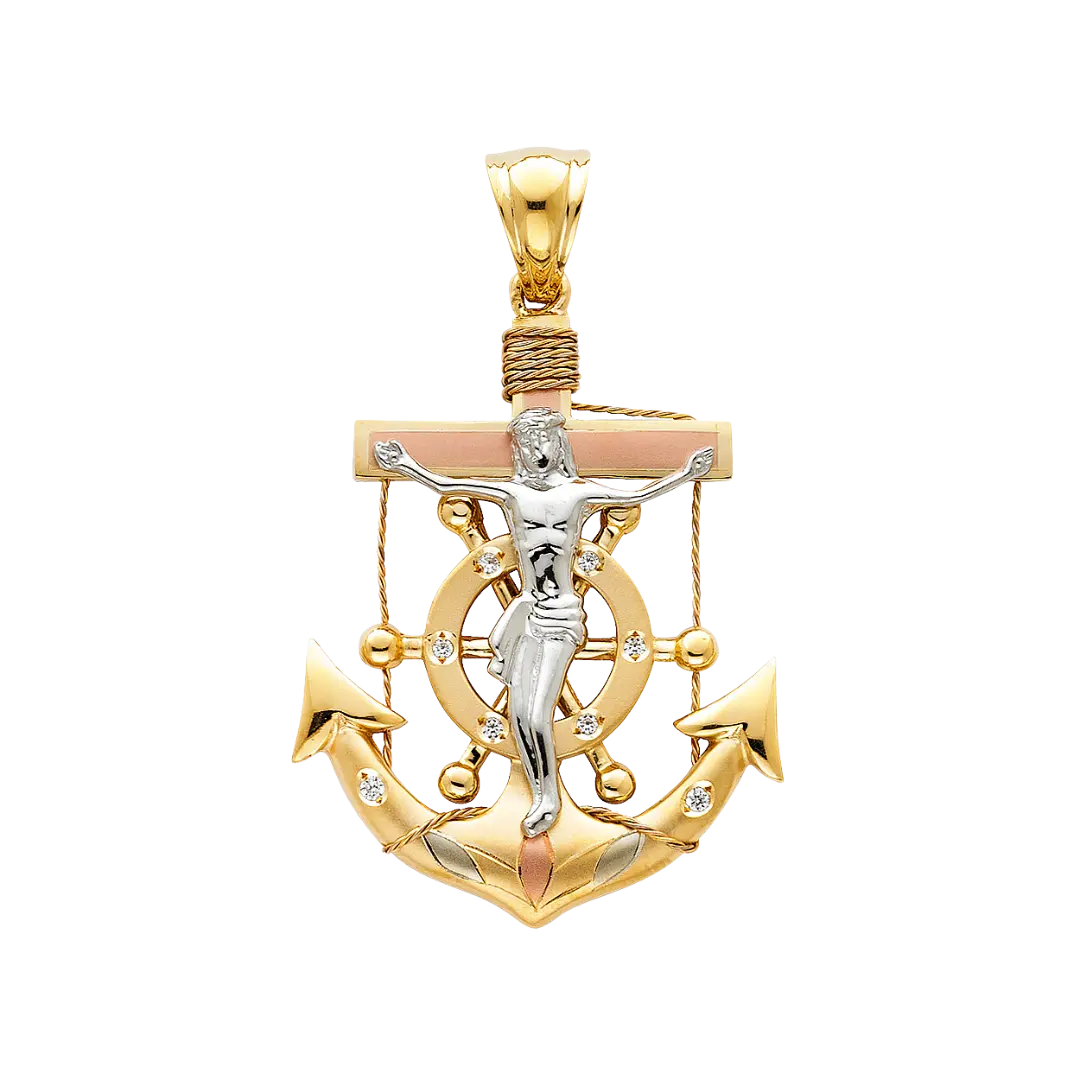 Mariner Cross Anchor Pendant - 14k Tri Color Gold