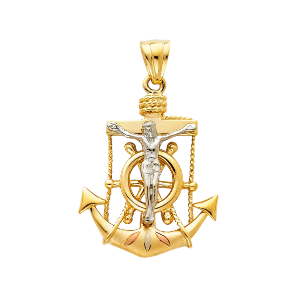 Mariner Cross Anchor Pendant - 14k Tri Color Gold