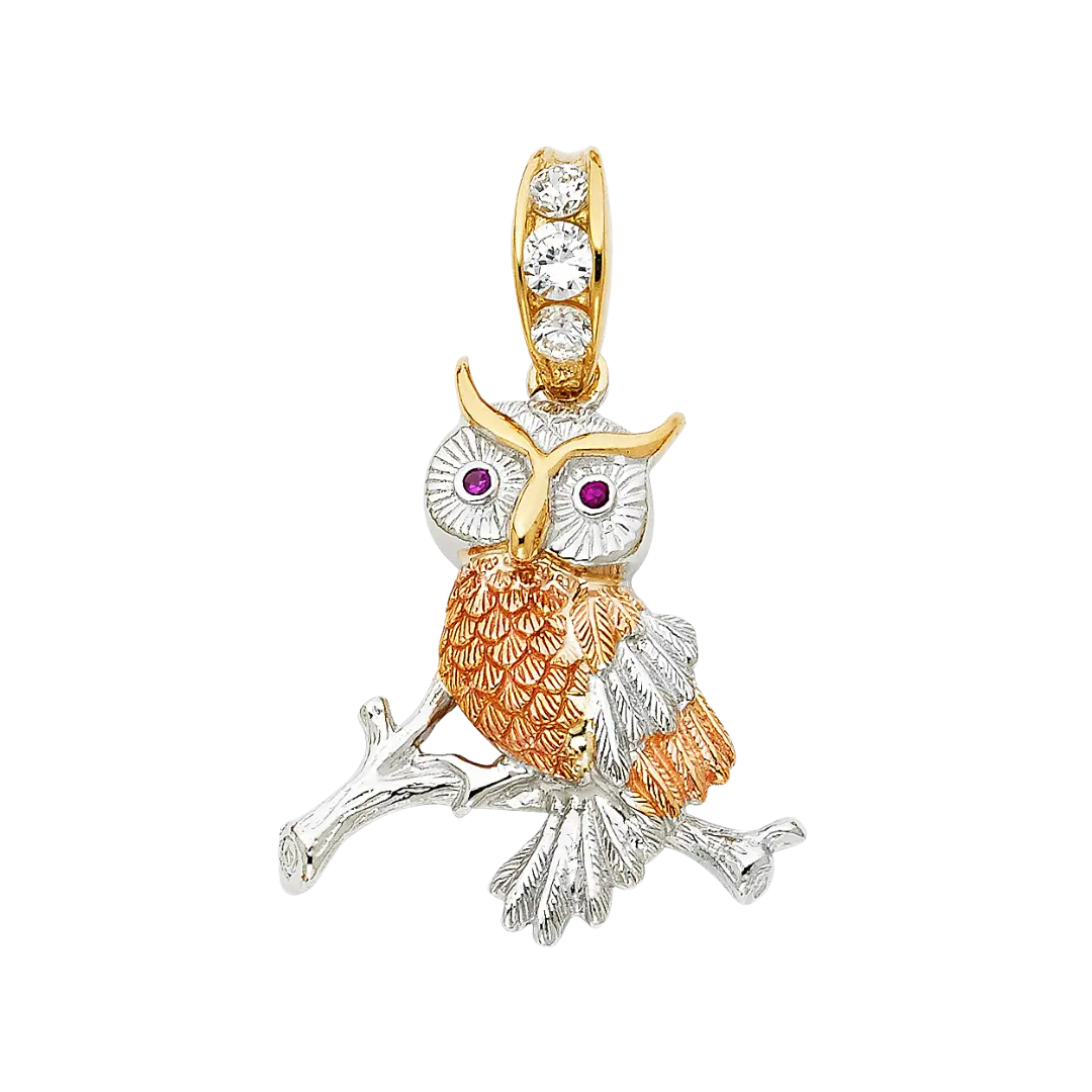 Owl with CZ Pendant - 14k Tri Color Gold