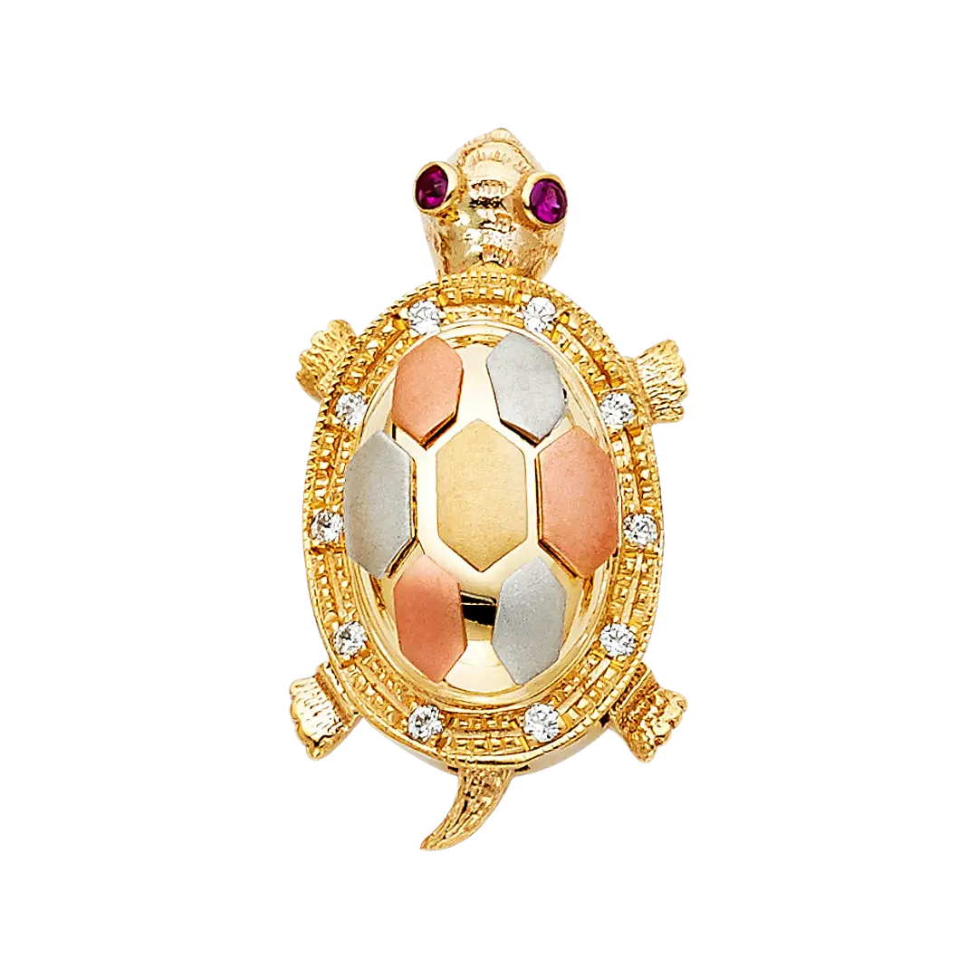 Turtle with CZ Pendant - 14k Tri Color Gold