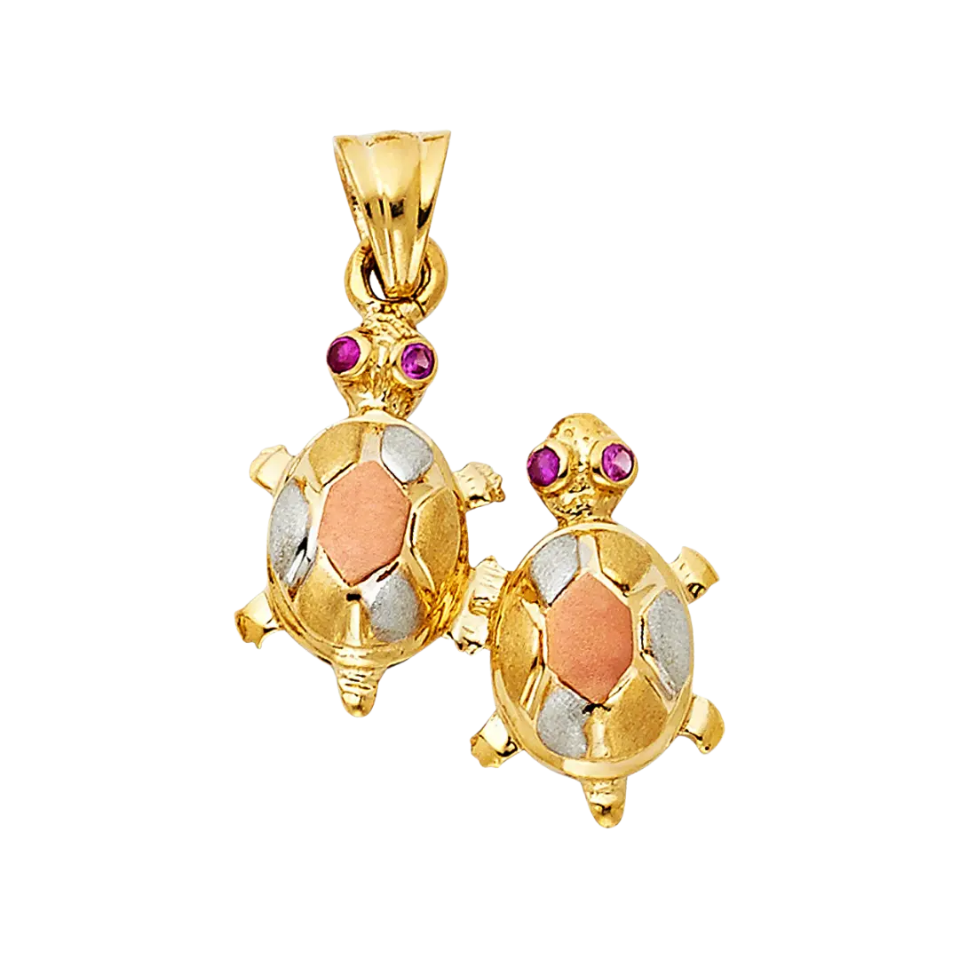 Twin Turtle with CZ Pendant - 14k Tri Color Gold