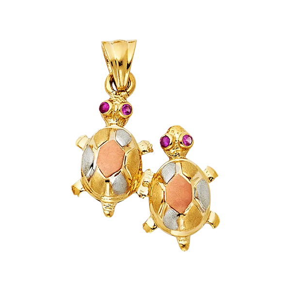 Twin Turtle with CZ Pendant - 14k Tri Color Gold