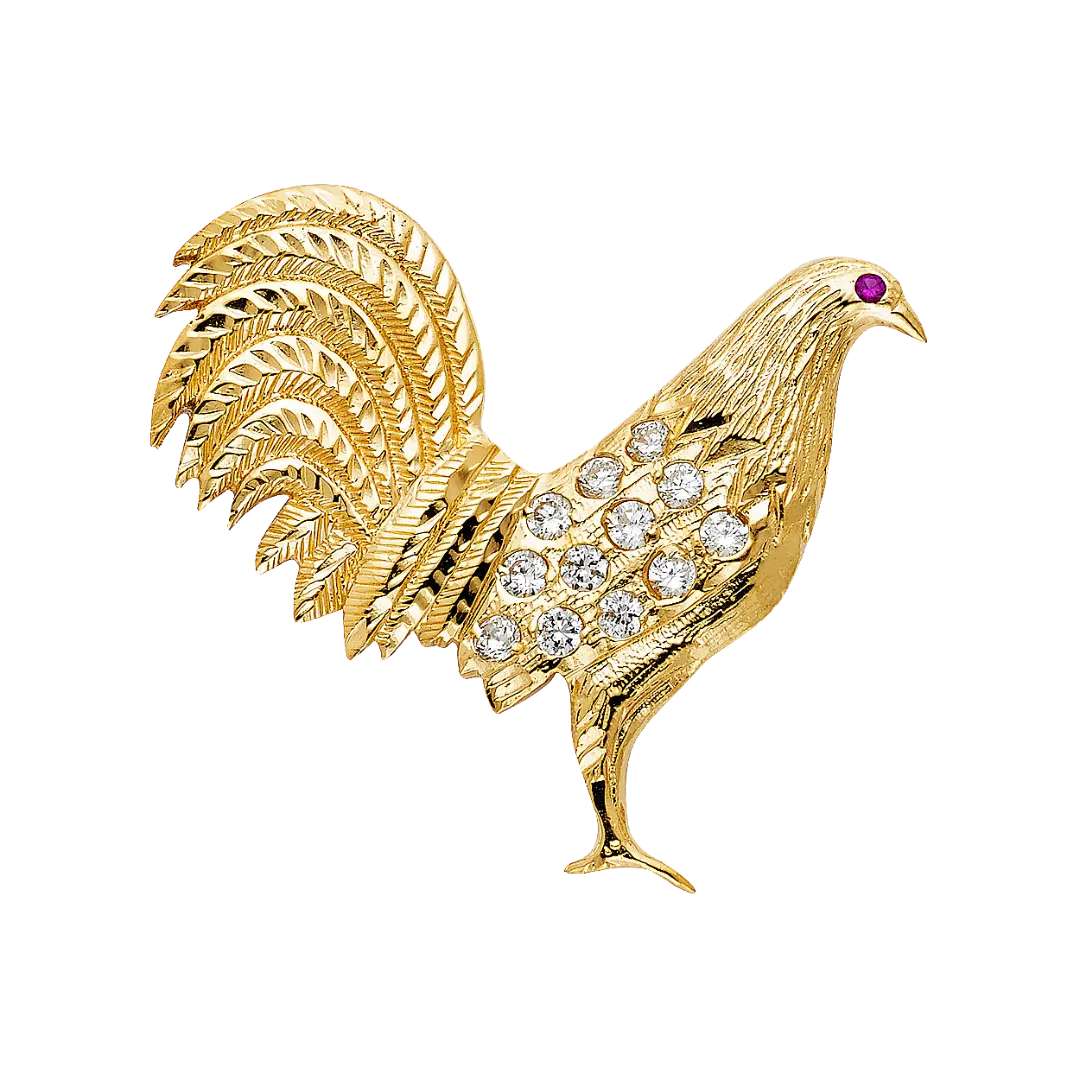 Rooster with CZ Pendant - 14k Yellow Gold