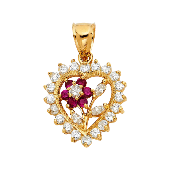 Heart with Flower and CZ Pendant - 14k Yellow Gold