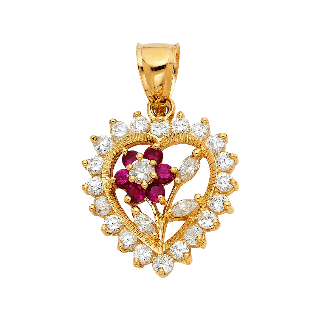 Heart with Flower and CZ Pendant - 14k Yellow Gold