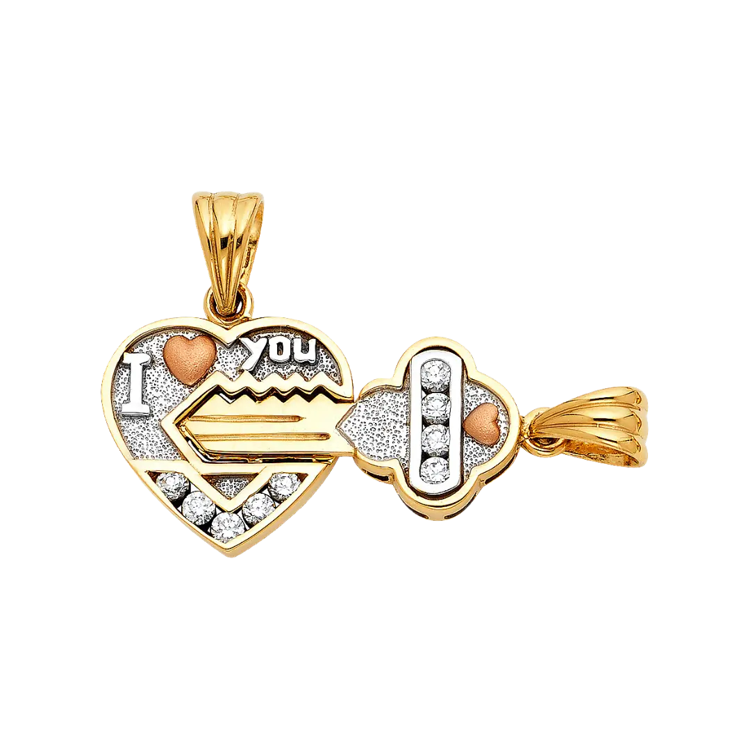 Heart & Key with CZ Pendant Set - 14k Tri Color Gold 