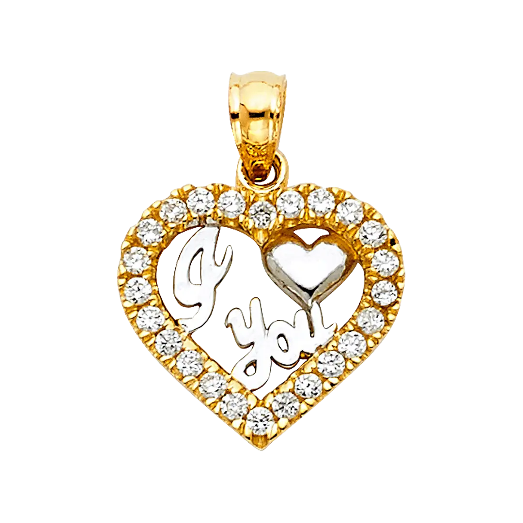 I Love You Heart with CZ Pendant - 14k Two Tone Gold