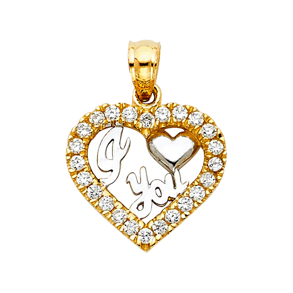 I Love You Heart with CZ Pendant - 14k Two Tone Gold