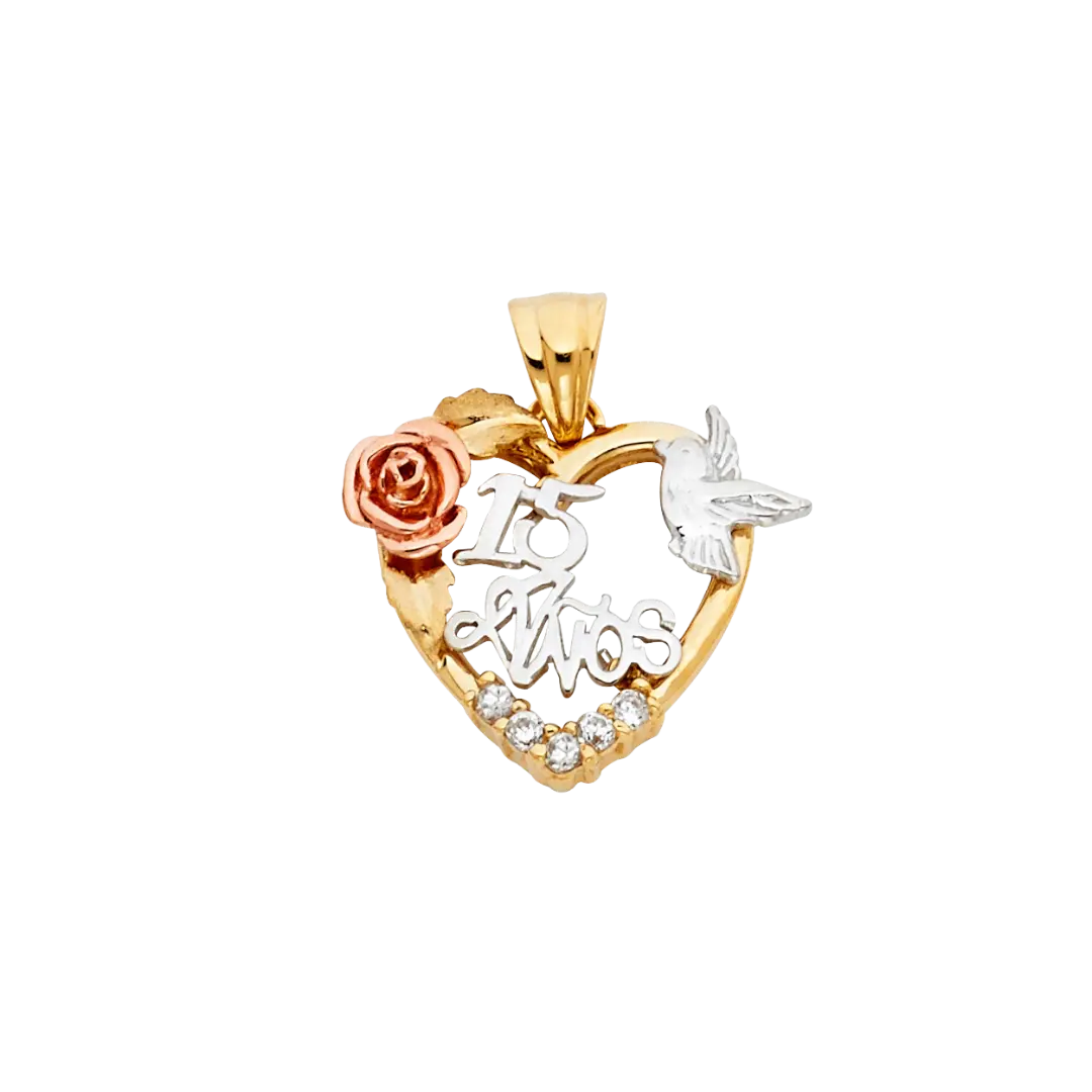 Quince Anos Heart with CZ Pendant - 14k Tri Color Gold