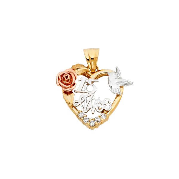 Quince Anos Heart with CZ Pendant - 14k Tri Color Gold