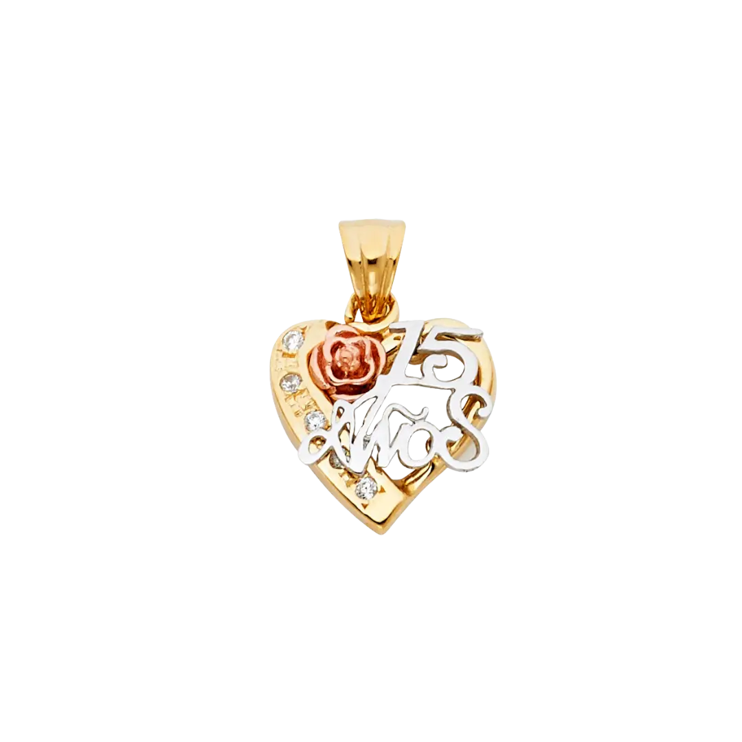 Quince Anos Heart with CZ Pendant - 14k Tri Color Gold