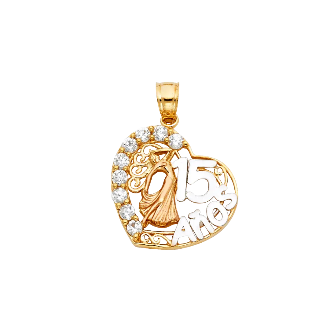 Quince Anos Heart with CZ Pendant - 14k Tri Color Gold