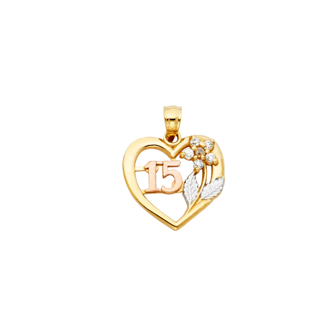 Quince Anos Heart with CZ Pendant - 14k Tri Color Gold