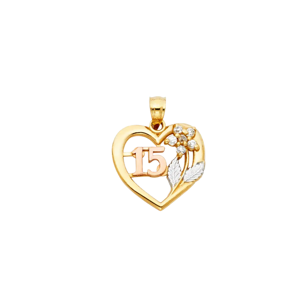 Quince Anos Heart with CZ Pendant - 14k Tri Color Gold