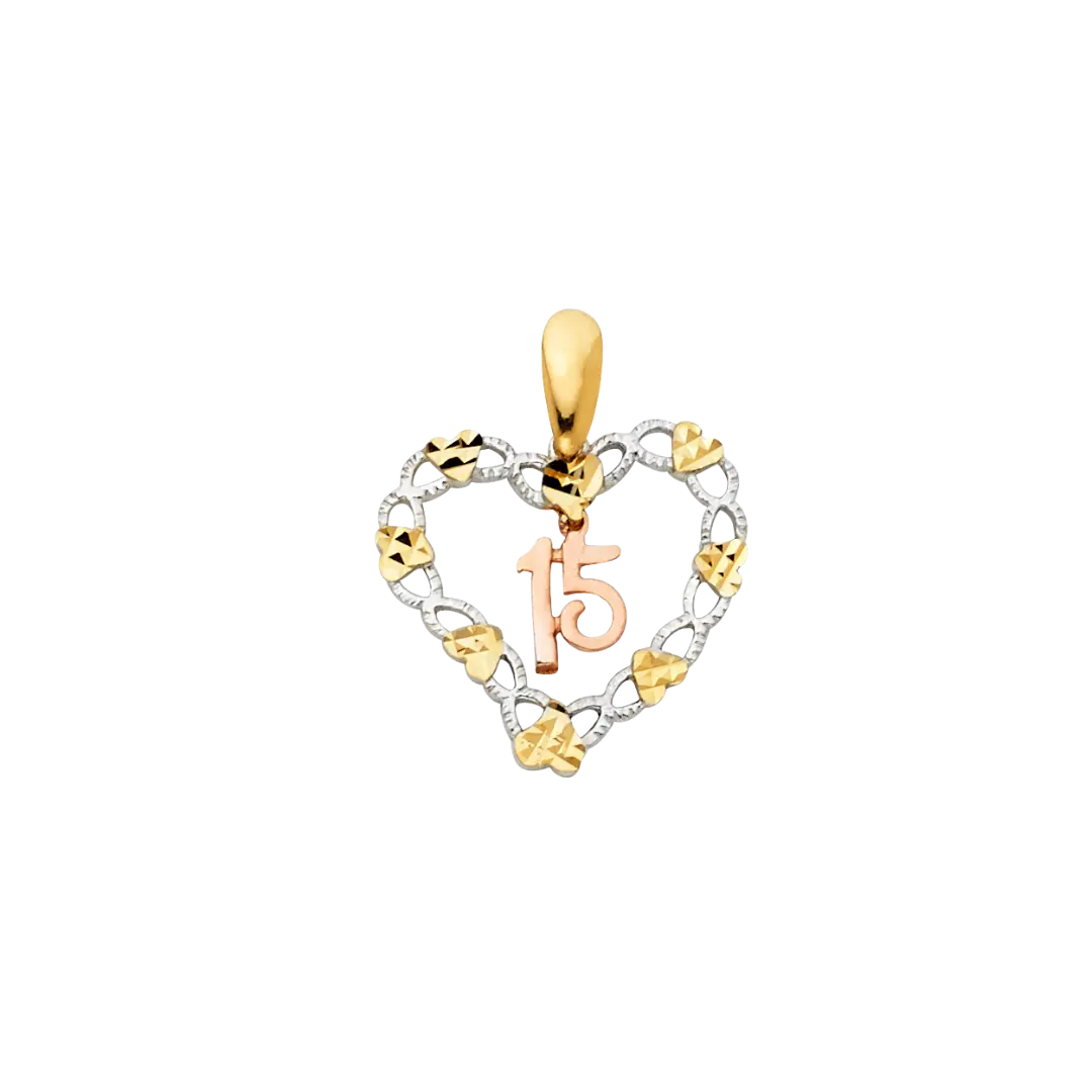 Quince Anos Heart Pendant - 14k Tri Color Gold