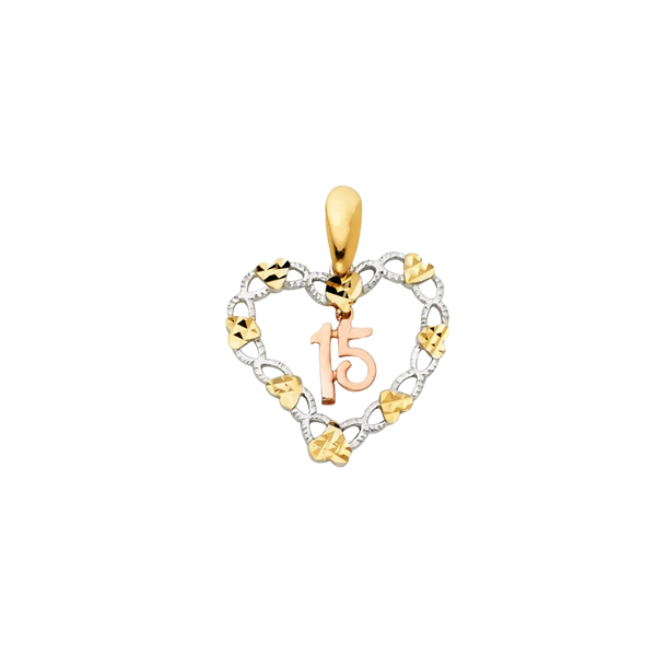 Quince Anos Heart Pendant - 14k Tri Color Gold