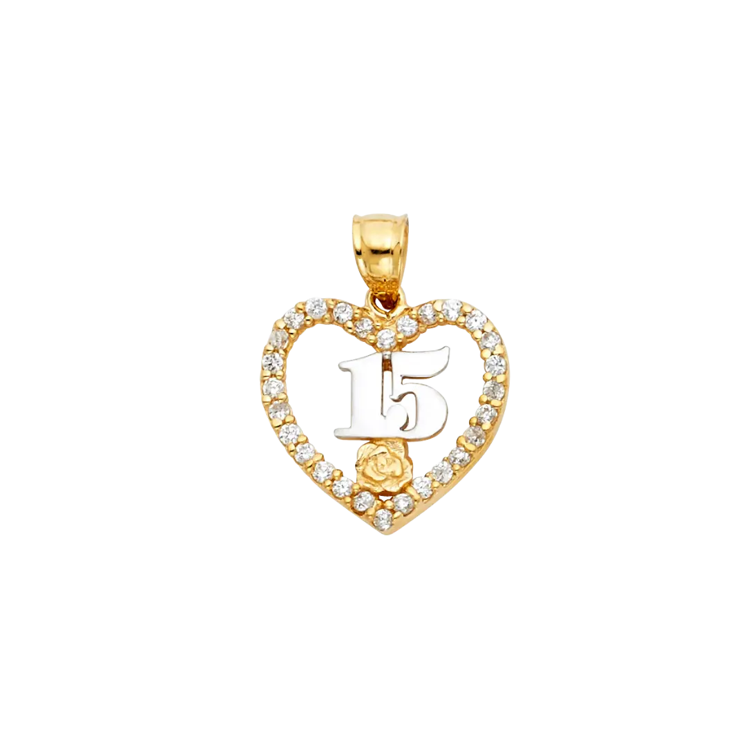 Quince Anos Heart with CZ Pendant - 14k Two Tone Gold