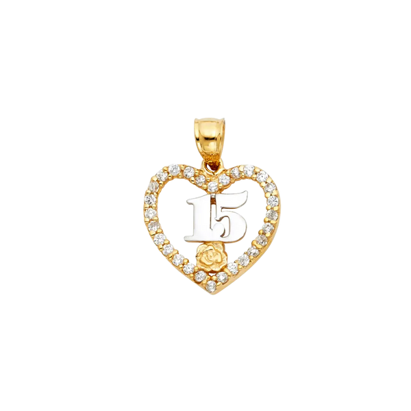 Quince Anos Heart with CZ Pendant - 14k Two Tone Gold