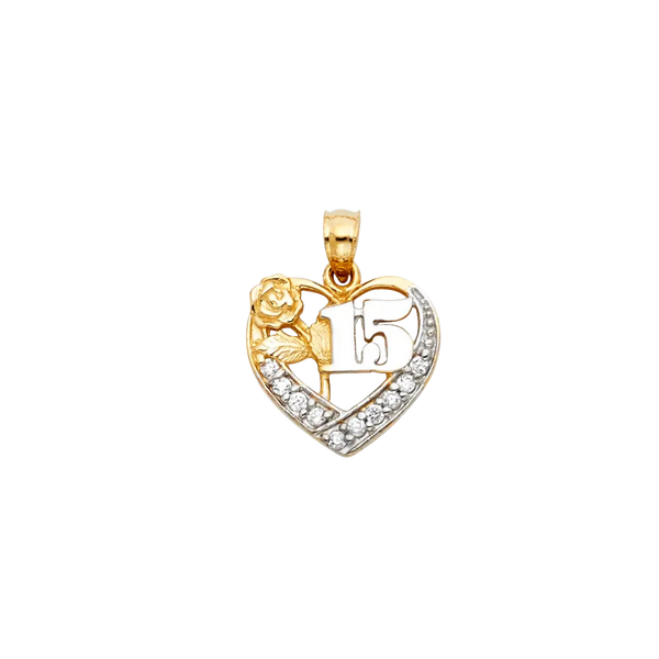 Quince Anos Heart with CZ Pendant - 14k Two Tone Gold