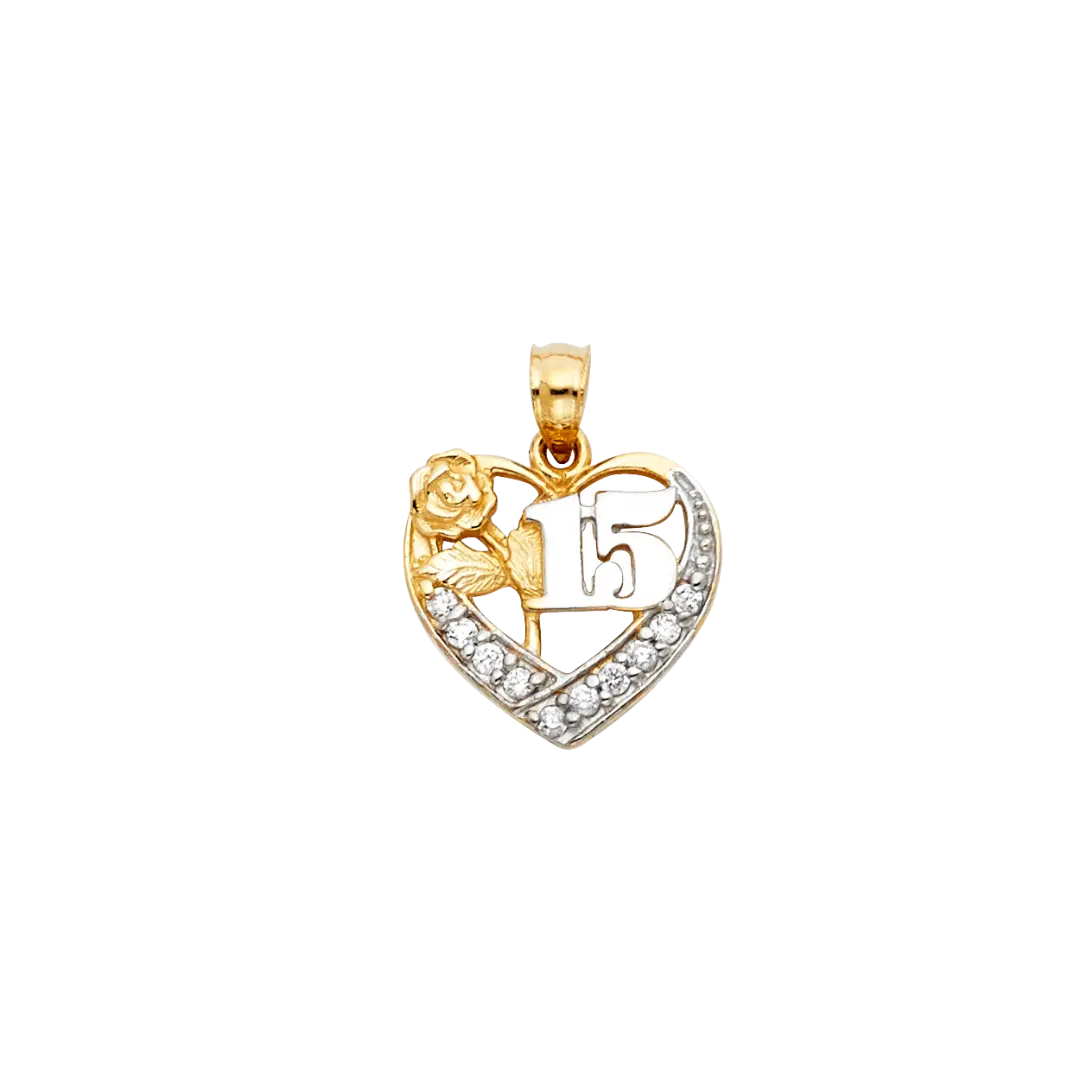 Quince Anos Heart with CZ Pendant - 14k Two Tone Gold