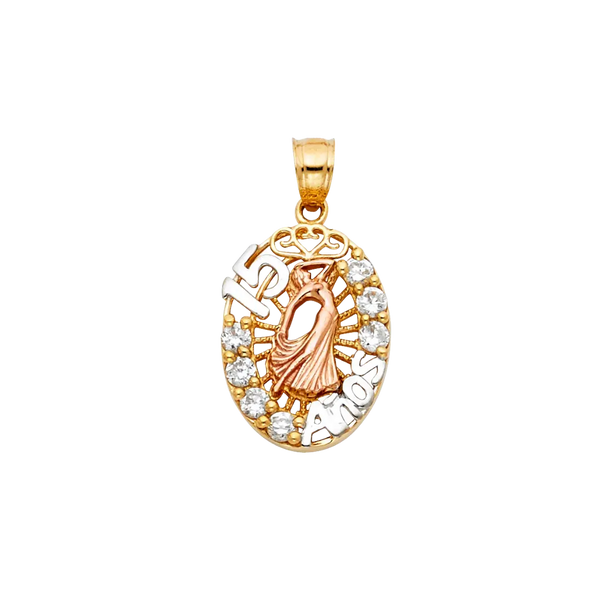 Oval Quince Anos with CZ Pendant - 14k Tri Color Gold