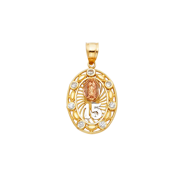 Oval Quince Anos with CZ Pendant - 14k Tri Color Gold