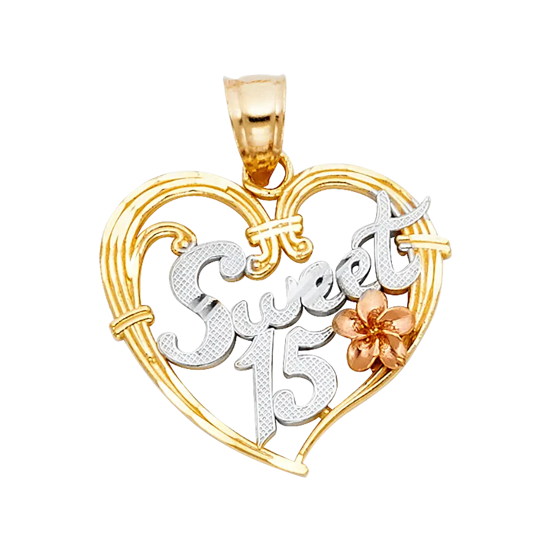 Quince Anos Heart Pendant - 14k Tri Color Gold