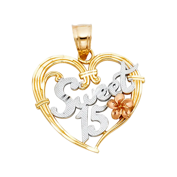 Quince Anos Heart Pendant - 14k Tri Color Gold